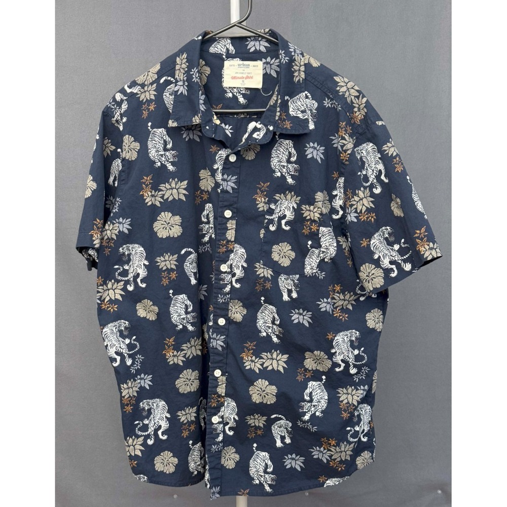Urban Pipeline Blue White Tiger Button-Up Short Sleeves Cotton Shirt XXL Pocket